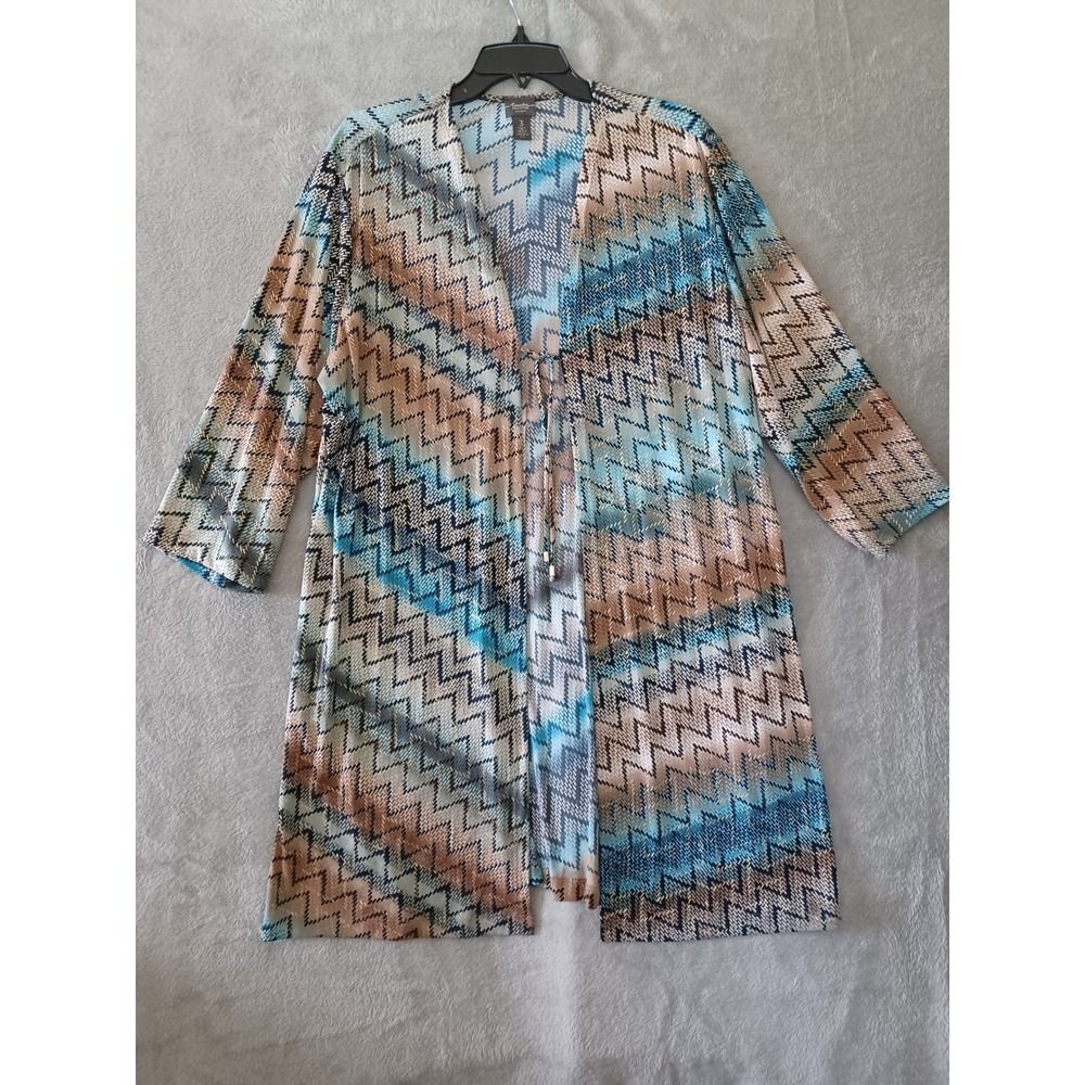 Chicos Sz 3 / Xl Travelers Kimono Cardigan Long Duster Artsy Gold Aqua Southwest